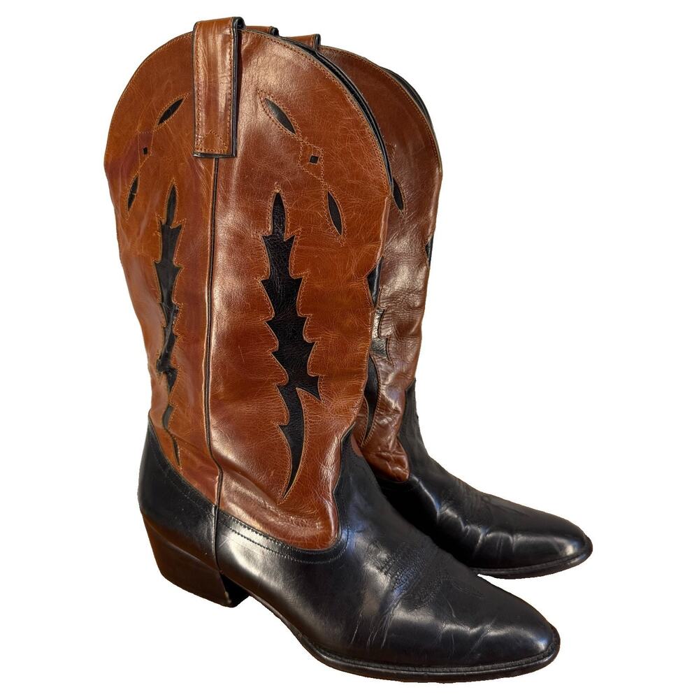 Vaneli Boots Womens 9 Brown Black Leather Vintage Two Tone Almond Toe
